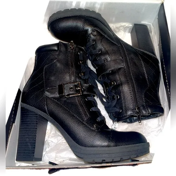 G by Guess Streets and Maps Tie Up Zipper Buckle Heeled Ankle Boots 9M