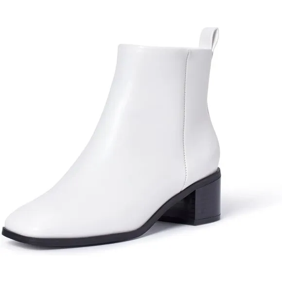 Genshuo Ankle Boot Women Size (6-10) White Polyurethane Zipper Heeled Square Toe