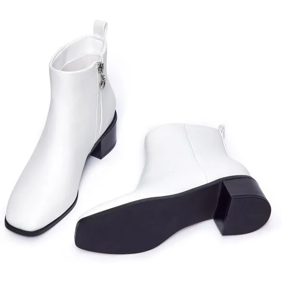 Genshuo Ankle Boot Women Size (6-10) White Polyurethane Zipper Heeled Square Toe