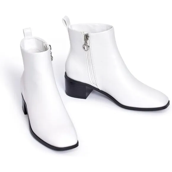 Genshuo Ankle Boot Women Size (6-10) White Polyurethane Zipper Heeled Square Toe