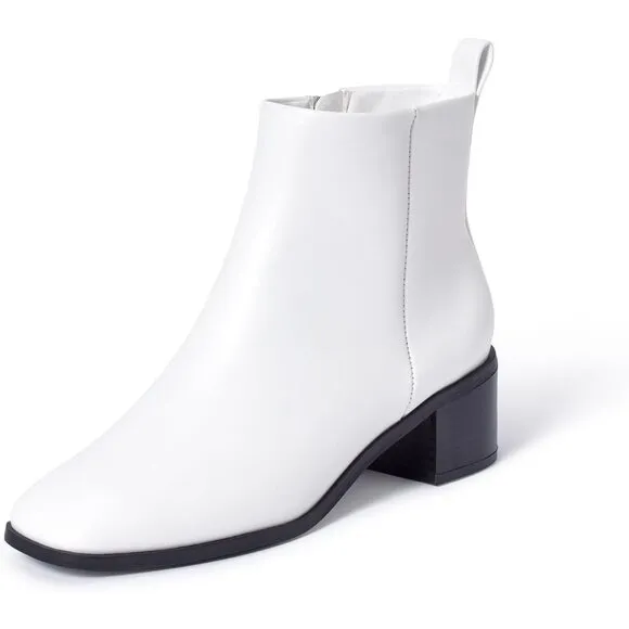 Genshuo Ankle Boot Women Size (6-10) White Polyurethane Zipper Heeled Square Toe
