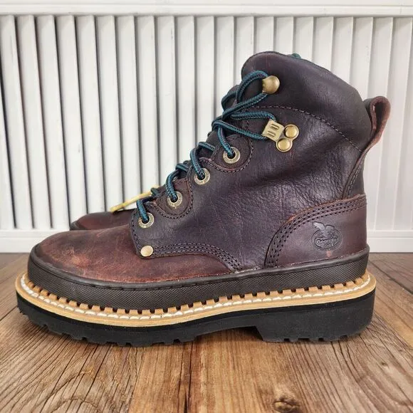 Georgia Giant 6&quot; Steel Toed Work Boots Womens 7.5 M Brown Leather Lace Up G3374