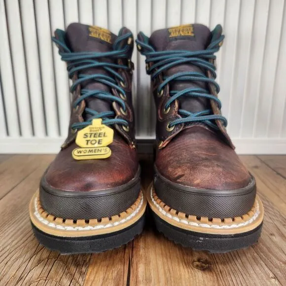 Georgia Giant 6&quot; Steel Toed Work Boots Womens 7.5 M Brown Leather Lace Up G3374