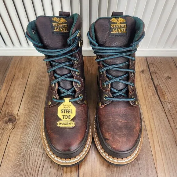Georgia Giant 6&quot; Steel Toed Work Boots Womens 7.5 M Brown Leather Lace Up G3374