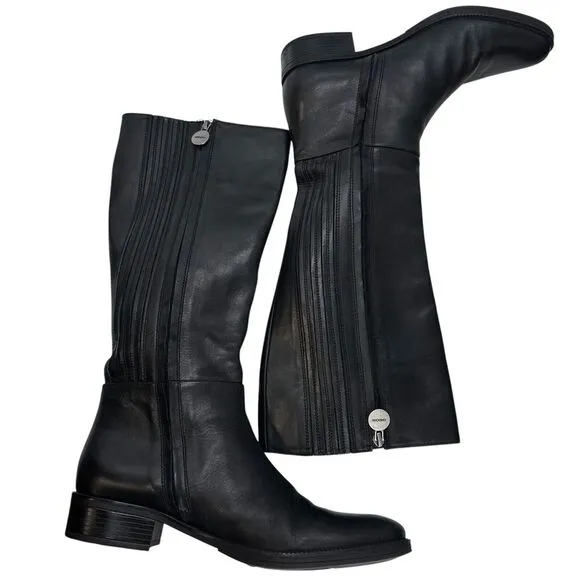 Geox Fecility Leather Boots Women Size US 8 EU 39 Black‎ Side Zip Block Heel