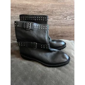 Gianni Bini Black Studded Boots Size 8.5 Women Combat Biker Buckle Stalo