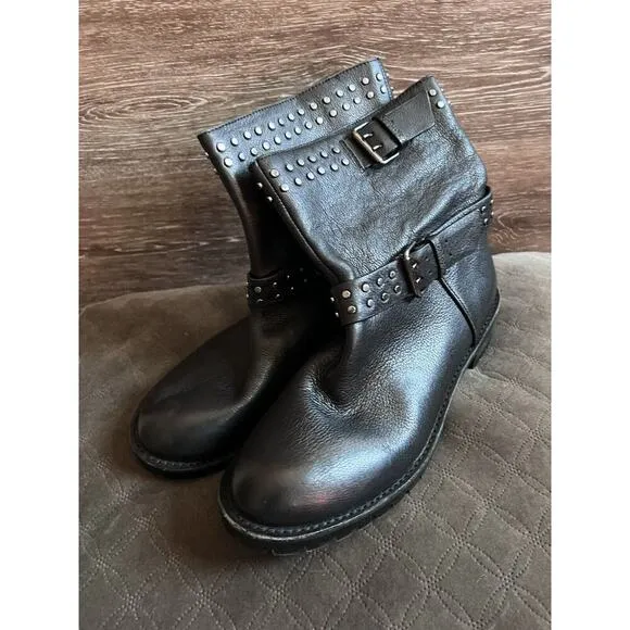 Gianni Bini Black Studded Boots Size 8.5 Women Combat Biker Buckle Stalo