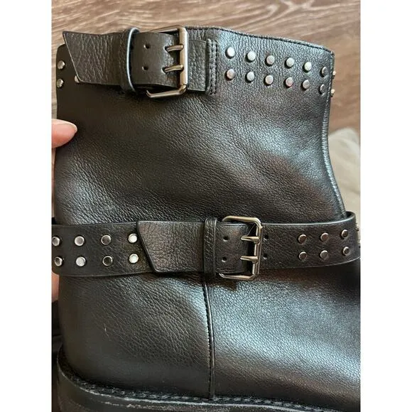 Gianni Bini Black Studded Boots Size 8.5 Women Combat Biker Buckle Stalo