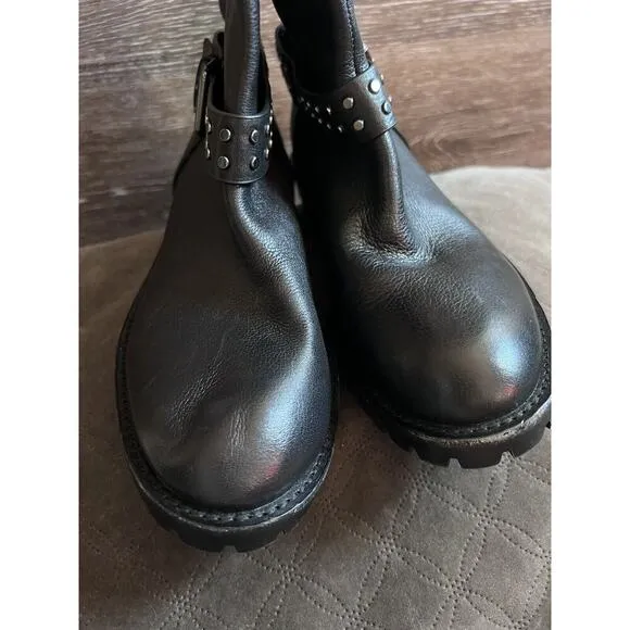 Gianni Bini Black Studded Boots Size 8.5 Women Combat Biker Buckle Stalo