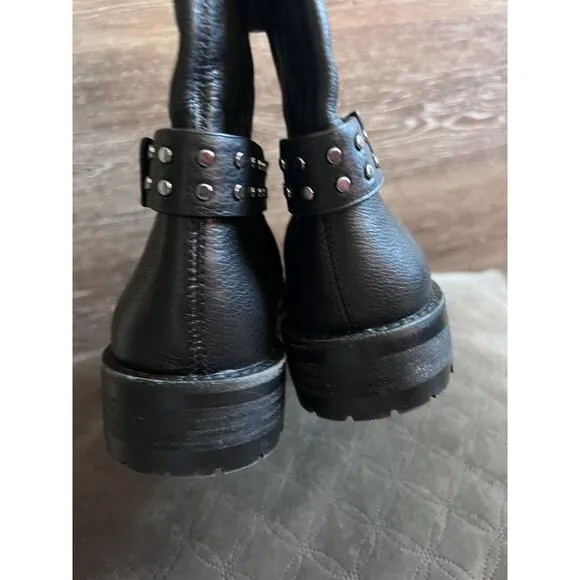 Gianni Bini Black Studded Boots Size 8.5 Women Combat Biker Buckle Stalo