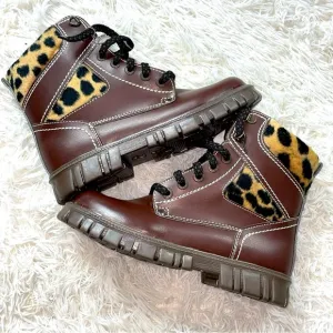 Girls Brown Fur Boots Leopard Print  Size 3 Mid Calve Style NEW