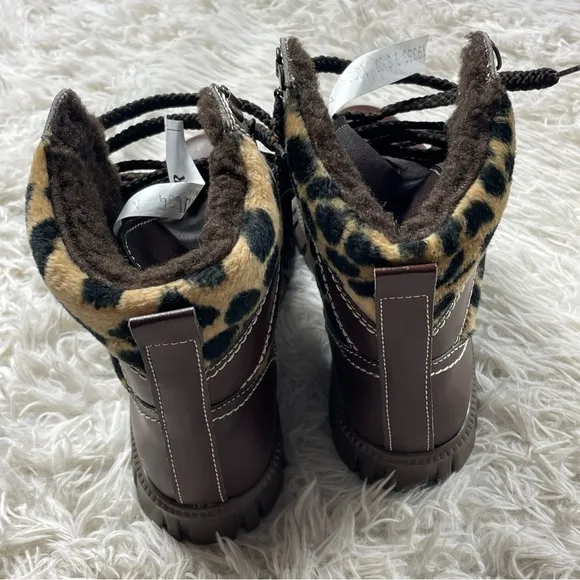 Girls Brown Fur Boots Leopard Print  Size 3 Mid Calve Style NEW