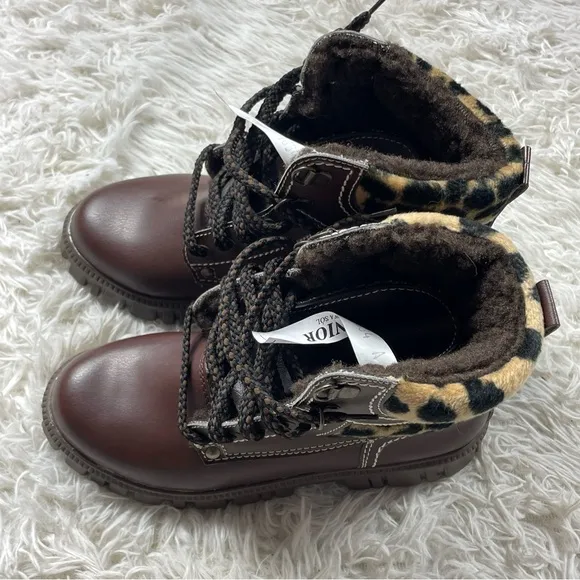 Girls Brown Fur Boots Leopard Print  Size 3 Mid Calve Style NEW