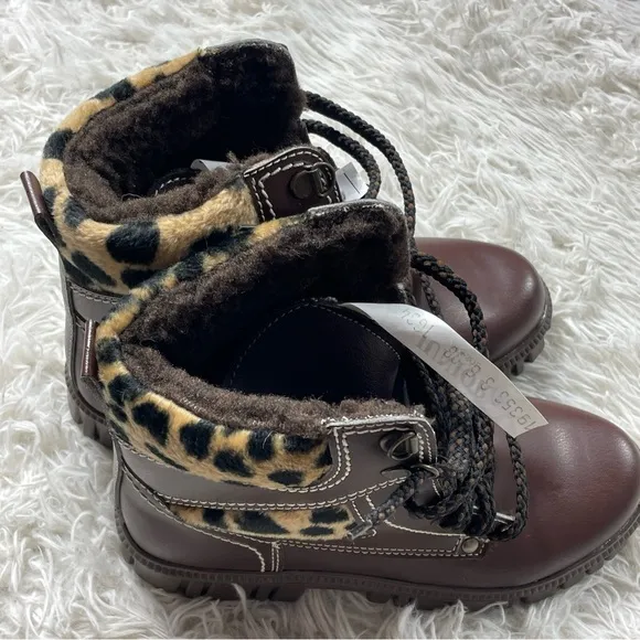 Girls Brown Fur Boots Leopard Print  Size 3 Mid Calve Style NEW