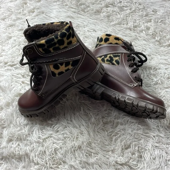 Girls Brown Fur Boots Leopard Print  Size 3 Mid Calve Style NEW