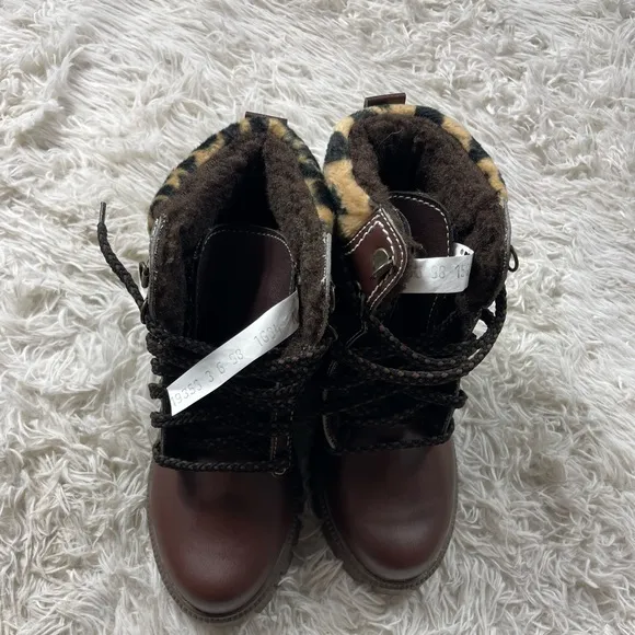 Girls Brown Fur Boots Leopard Print  Size 3 Mid Calve Style NEW