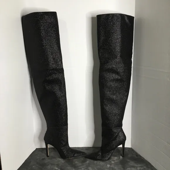 Good American Boots Women Sz 4 Blck Glitter Thigh Kardashian GA173G-X $349 NIB