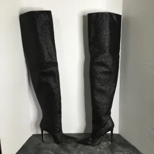 Good American Boots Women Sz 4 Blck Glitter Thigh Kardashian GA173G-X $349 NIB