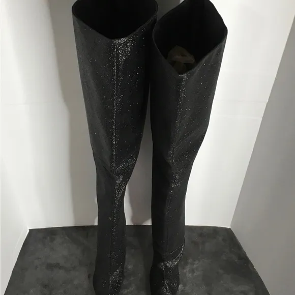 Good American Boots Women Sz 4 Blck Glitter Thigh Kardashian GA173G-X $349 NIB