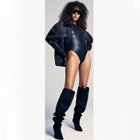 GOOD AMERICAN Black Stiletto Thigh High Slouch Boots Over The Knee Size 6 New