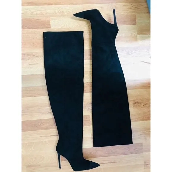 GOOD AMERICAN Black Stiletto Thigh High Slouch Boots Over The Knee Size 6 New