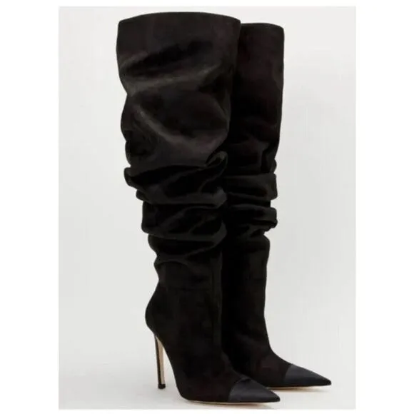 GOOD AMERICAN Black Stiletto Thigh High Slouch Boots Over The Knee Size 6 New