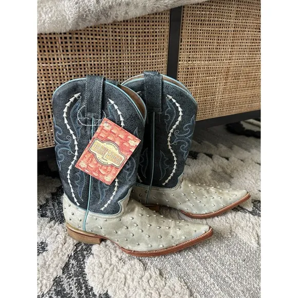 Gran Lider Blue Green Leather Embossed Ostrich Cowboy Boots M 6.5 W 8.5 25.5
