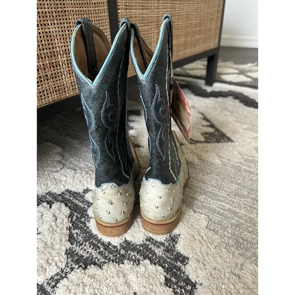Gran Lider Blue Green Leather Embossed Ostrich Cowboy Boots M 6.5 W 8.5 25.5