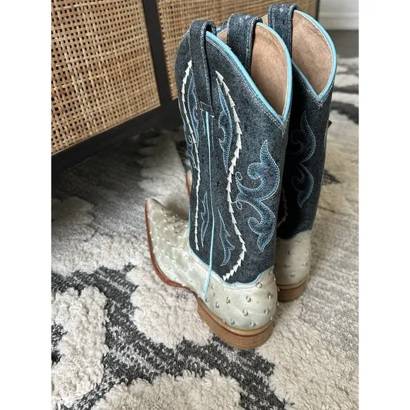 Gran Lider Blue Green Leather Embossed Ostrich Cowboy Boots M 6.5 W 8.5 25.5