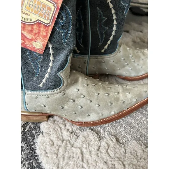Gran Lider Blue Green Leather Embossed Ostrich Cowboy Boots M 6.5 W 8.5 25.5