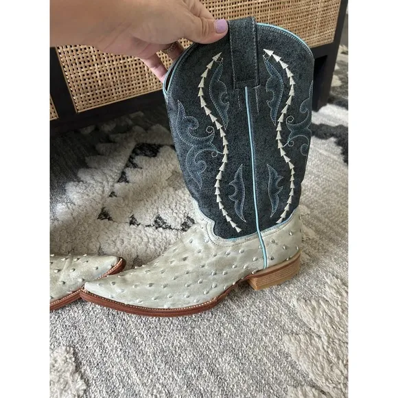 Gran Lider Blue Green Leather Embossed Ostrich Cowboy Boots M 6.5 W 8.5 25.5