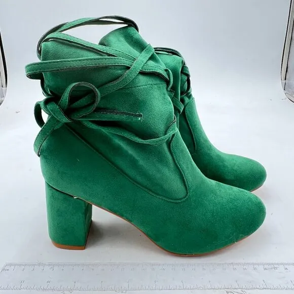 Green Chunky Heel Ankle Boot Round Toe Short Boot Faux Suede Strappy Straps Shoe