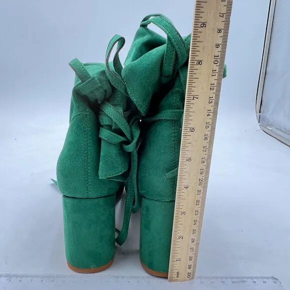Green Chunky Heel Ankle Boot Round Toe Short Boot Faux Suede Strappy Straps Shoe