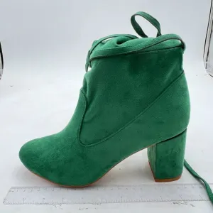 Green Chunky Heel Ankle Boot Round Toe Short Boot Faux Suede Strappy Straps Shoe