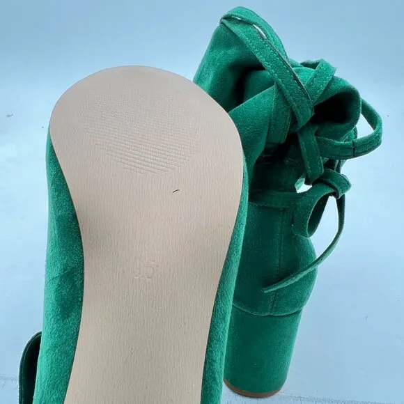 Green Chunky Heel Ankle Boot Round Toe Short Boot Faux Suede Strappy Straps Shoe