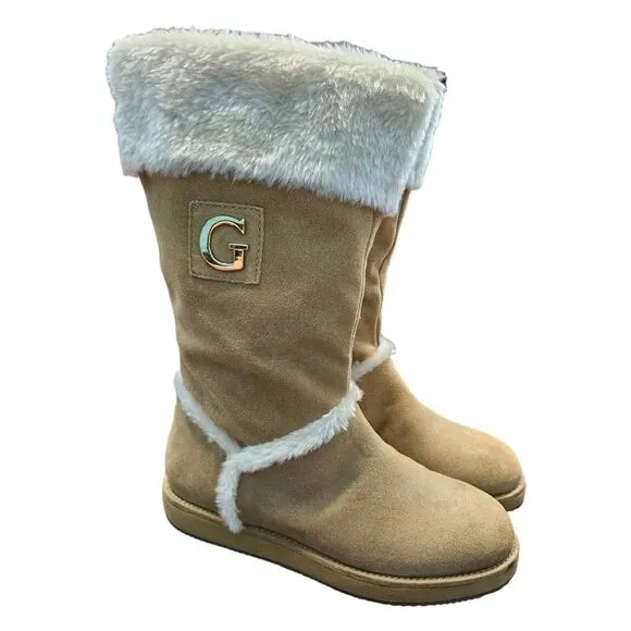 GUESS Leather Boots Womens SZ 8 Tan Faux Fur Lined Gold Logo