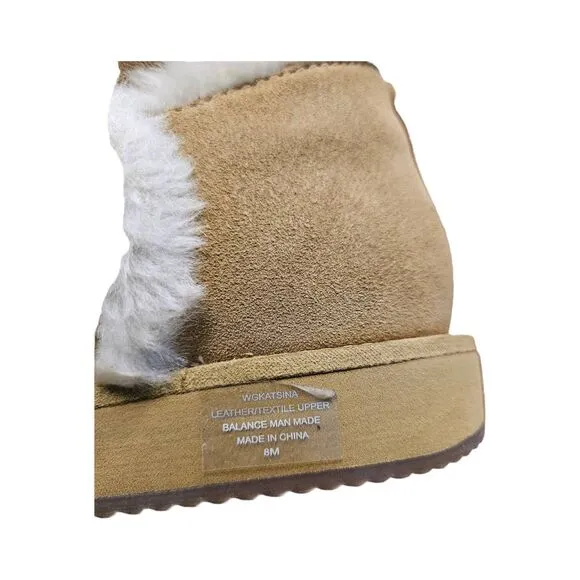 GUESS Leather Boots Womens SZ 8 Tan Faux Fur Lined Gold Logo