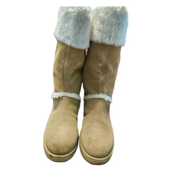 GUESS Leather Boots Womens SZ 8 Tan Faux Fur Lined Gold Logo