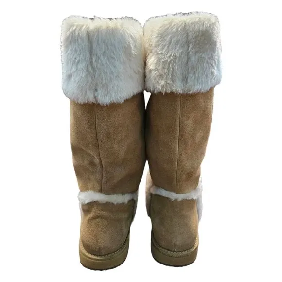 GUESS Leather Boots Womens SZ 8 Tan Faux Fur Lined Gold Logo