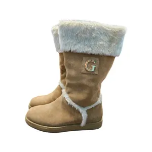 GUESS Leather Boots Womens SZ 8 Tan Faux Fur Lined Gold Logo