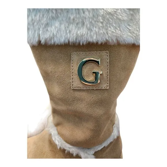 GUESS Leather Boots Womens SZ 8 Tan Faux Fur Lined Gold Logo