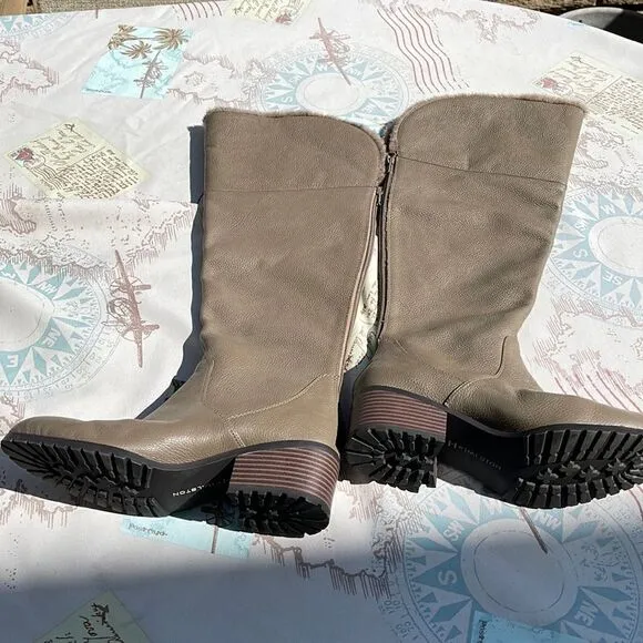 H by Halston Taupe Leather Over-the-knee Boots with Faux Fur - “Donna”, SZ 6.5M