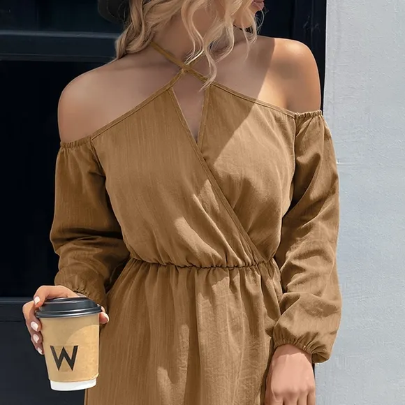 Halle Cold-Shoulder Mini Dress - Tan