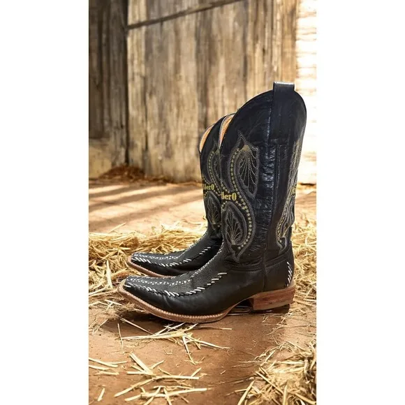 Hand Crafted Black Genuine Leather Embroidered Western  Cowboy Boots Men 9.5 -28