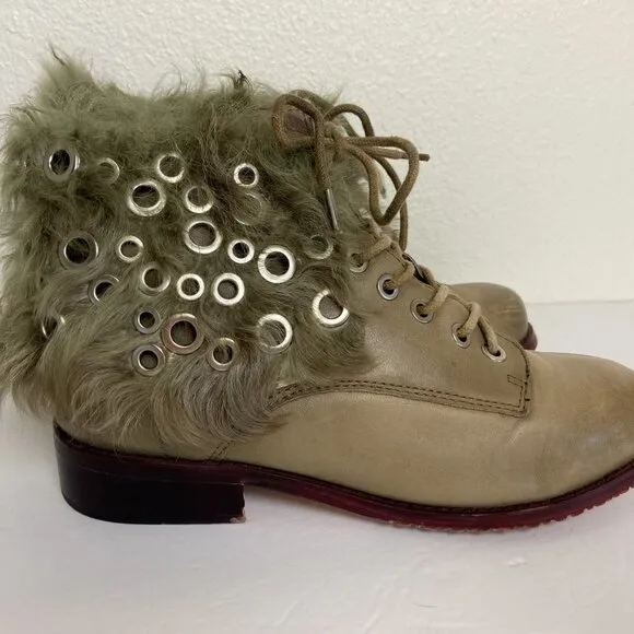 Hand Made Distressed Leather Natural fur Ankle Boots- like NEW