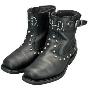 Harley Davidson Moto Black Leather Studded Side ZIp Square Toe Boots Women 7.5