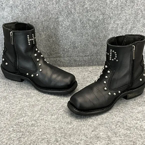 Harley Davidson Moto Black Leather Studded Side ZIp Square Toe Boots Women 7.5