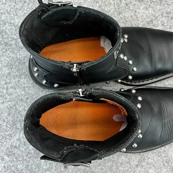 Harley Davidson Moto Black Leather Studded Side ZIp Square Toe Boots Women 7.5