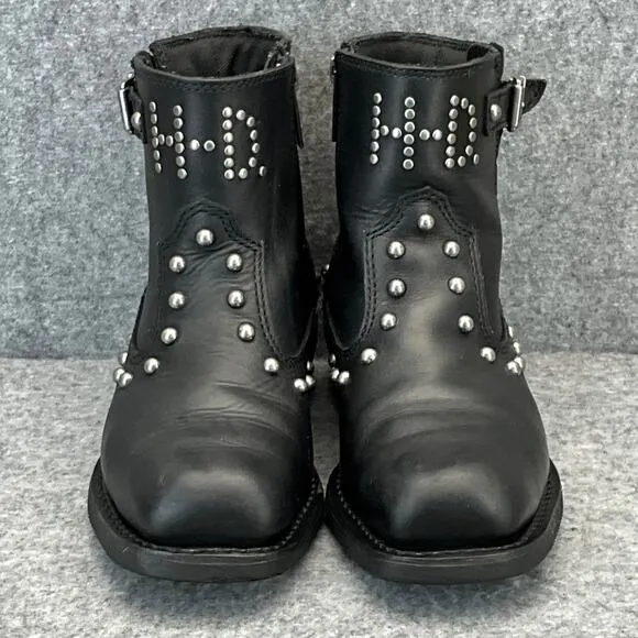 Harley Davidson Moto Black Leather Studded Side ZIp Square Toe Boots Women 7.5