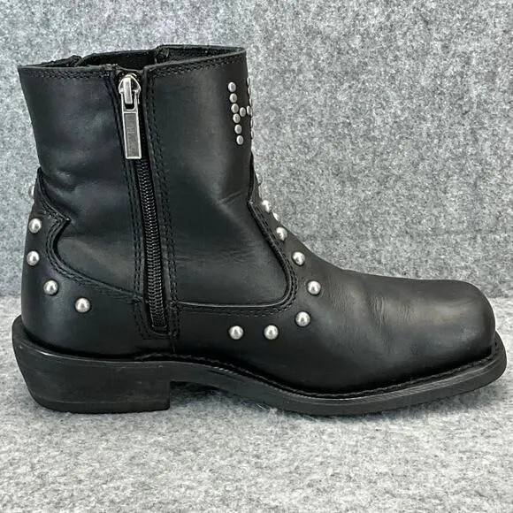 Harley Davidson Moto Black Leather Studded Side ZIp Square Toe Boots Women 7.5